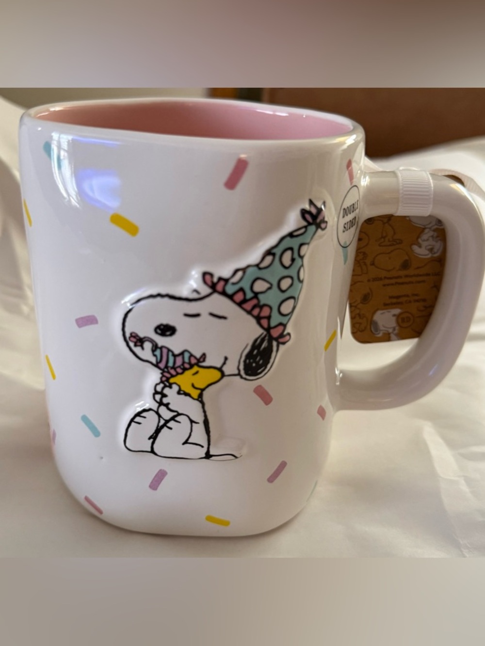 Rae Dunn Snoopy Happy Birthday Ceramic Mug - White with Pink Interior